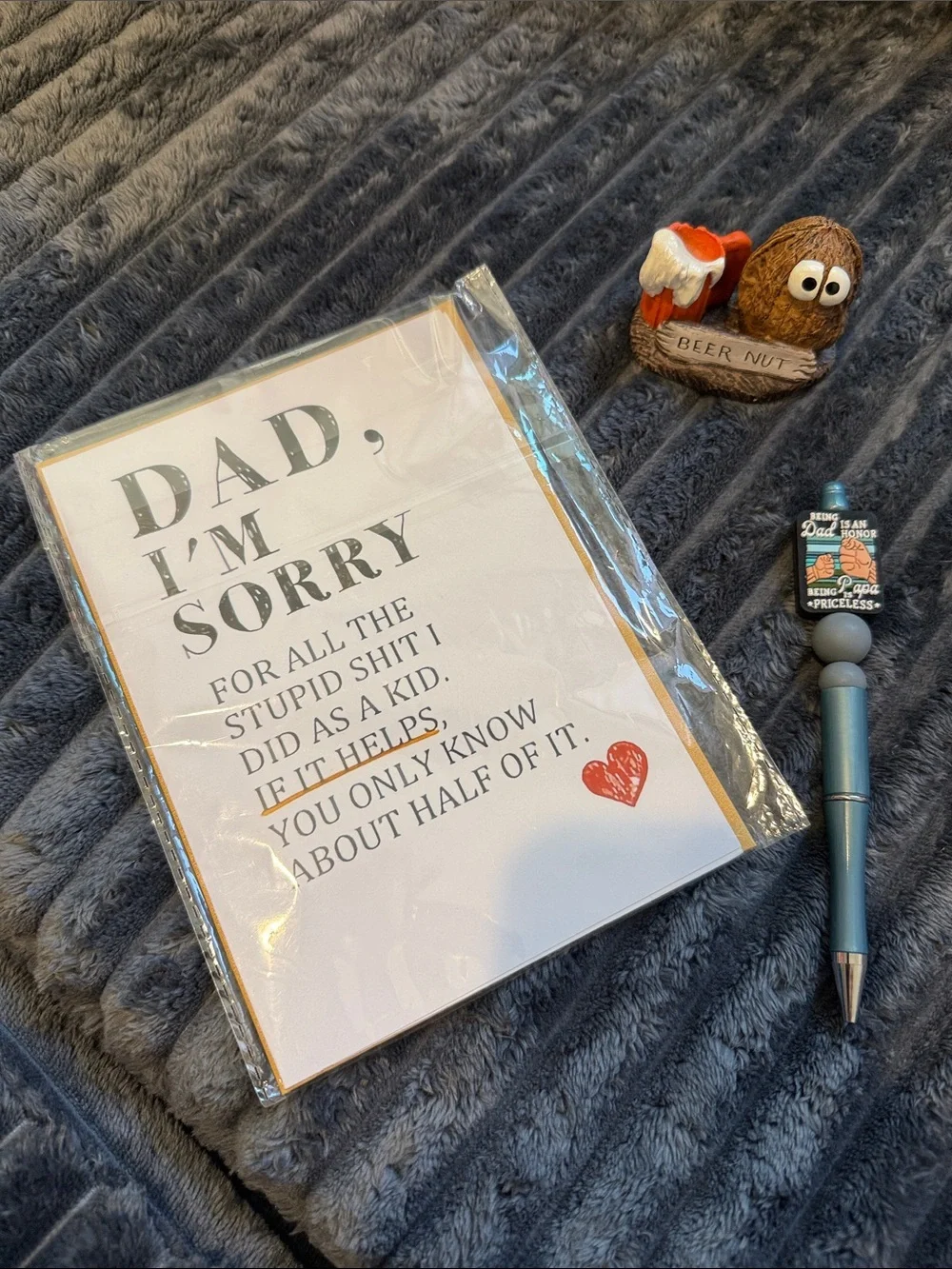 Father’s Day card ideal for a Grandpa. Hand beaded pen. Beer nut figurine.